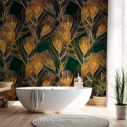 Fototapete - Golden peacock feathers - solid background with bird pattern on green background