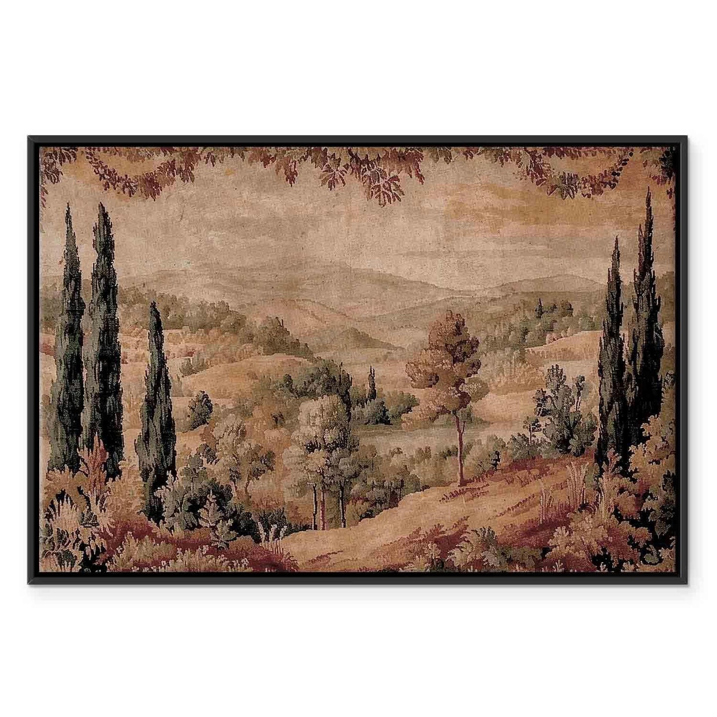 Leinwandbild - Mediterranean landscape - old tapestry with a hill and a lake