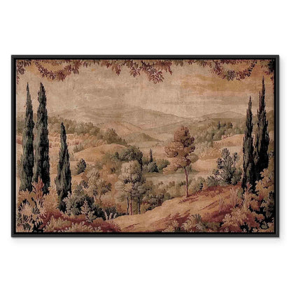 Leinwandbild - Mediterranean landscape - old tapestry with a hill and a lake