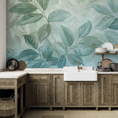 Fototapete - Large Leaves in Shades of Green-Mint: Botanical Motif