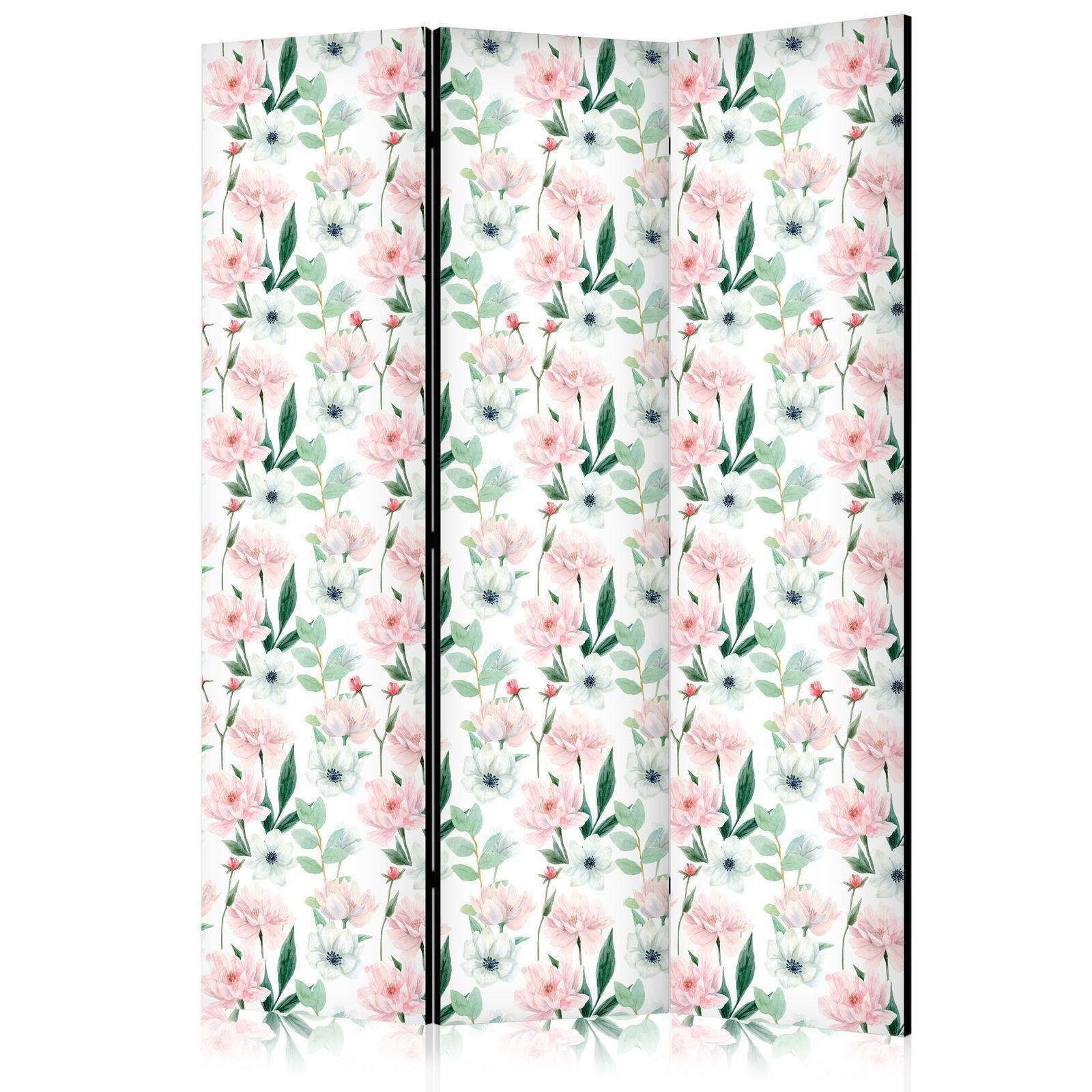 Paravent - Peonies - Pink and White Flowers and Green Leaves on a White Background Artgeist
