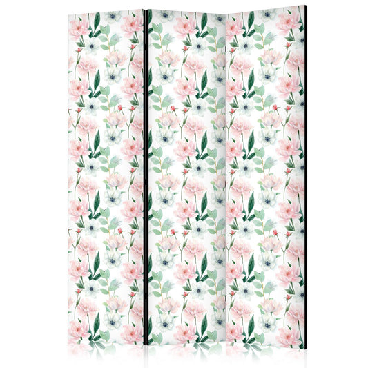 Paravent - Peonies - Pink and White Flowers and Green Leaves on a White Background Artgeist