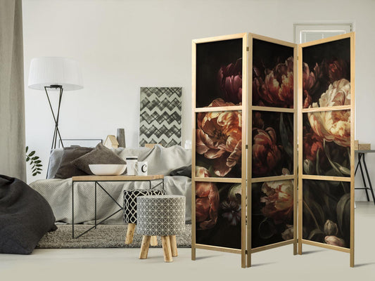 Japanischer Paravent - Magnificent Tulips - Bouquet of Flowers in Red and White on a Black Background