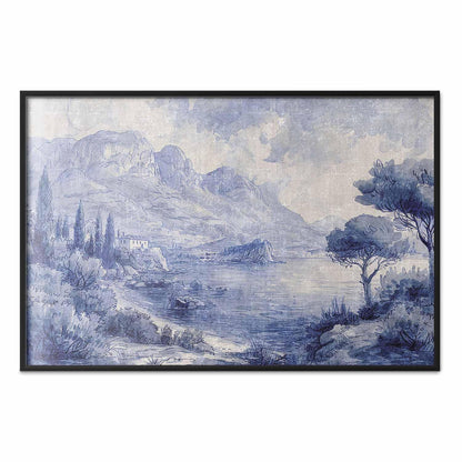Poster - Blue Bay - Italian Landscape of Lake Como Painted in Blue Ink