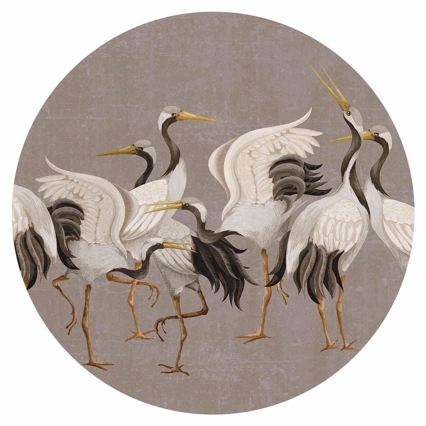 Runde Fototapete - Cranes dancing - bright silhouettes of birds on a warm grey background with texture