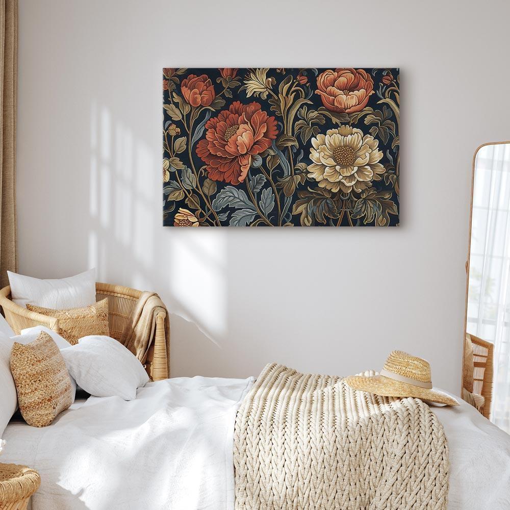 Leinwandbild - Tapestry Large Flowers Retro Floral Motif in Kilim Style