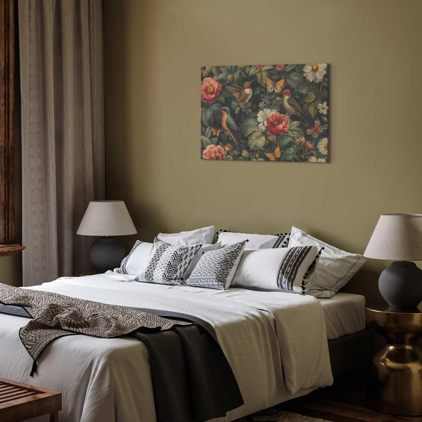 Leinwandbild - Flowers, birds and butterflies – vintage-style illustration