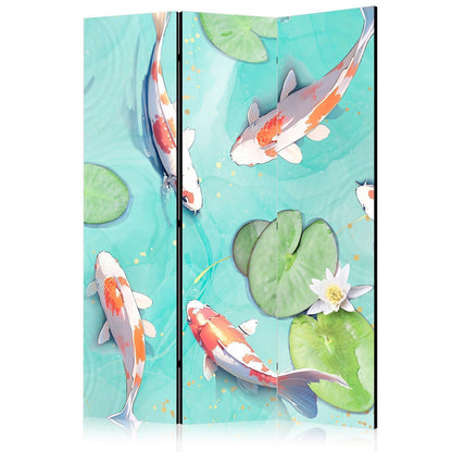 Paravent - Spectacular Fish - White-Orange Koi Fish Swimming in Crystal Clear Water with Water Lilies Artgeist