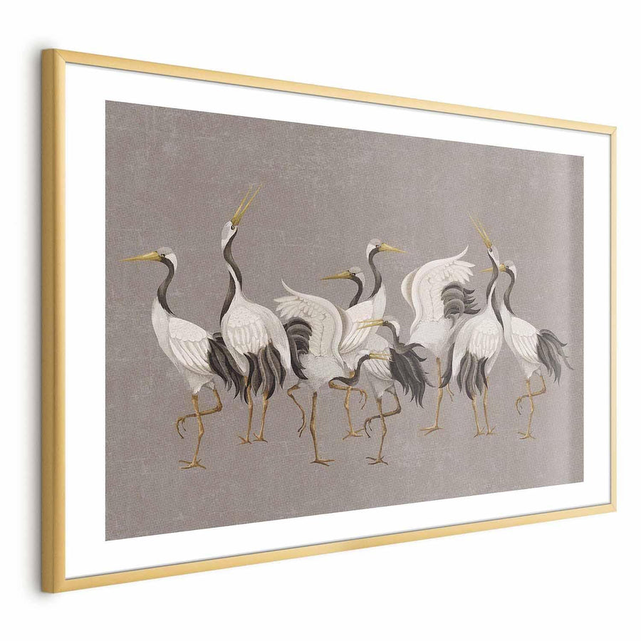 Poster - Crane Dance - light bird silhouettes on a warm-gray textured background Artgeist