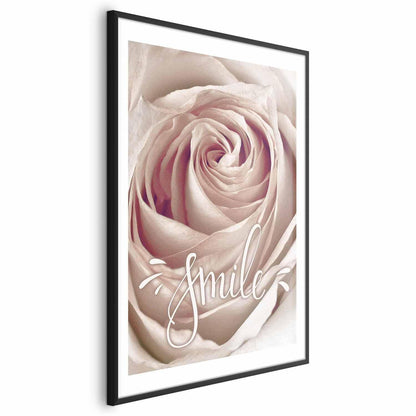 Decorative "Smile" poster featuring a soft rose design.