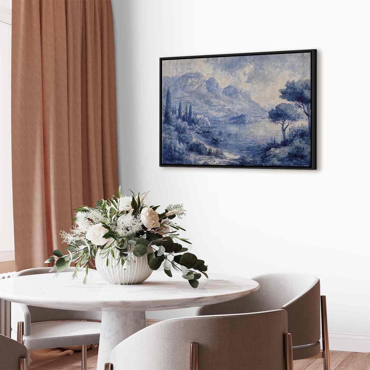 Leinwandbild - Blue Bay - Italian landscape of Lake Como painted with blue ink