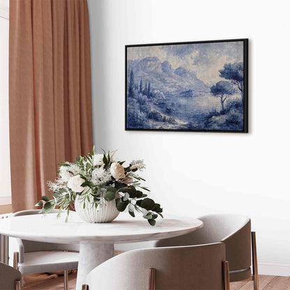 Leinwandbild - Blue Bay - Italian landscape of Lake Como painted with blue ink