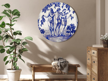 Rundes Bild - Ancient vineyard - three women in a portal painted with blue ink