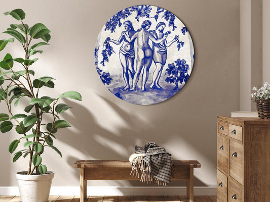 Rundes Bild - Ancient vineyard - three women in a portal painted with blue ink