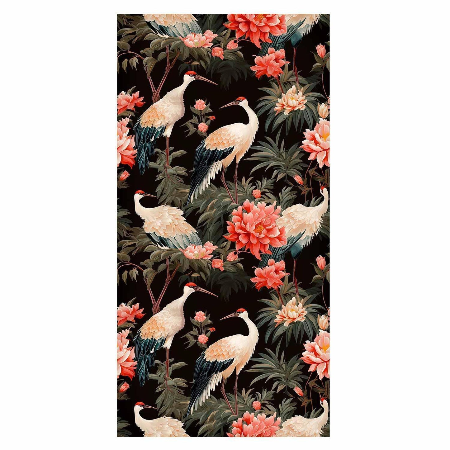 Tapete - Ornament with birds - silhouettes of cranes and peony flowers on a dark background