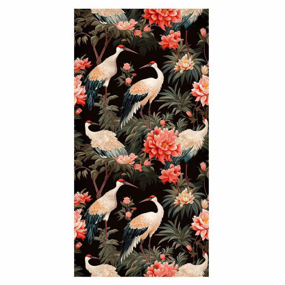 Tapete - Ornament with birds - silhouettes of cranes and peony flowers on a dark background
