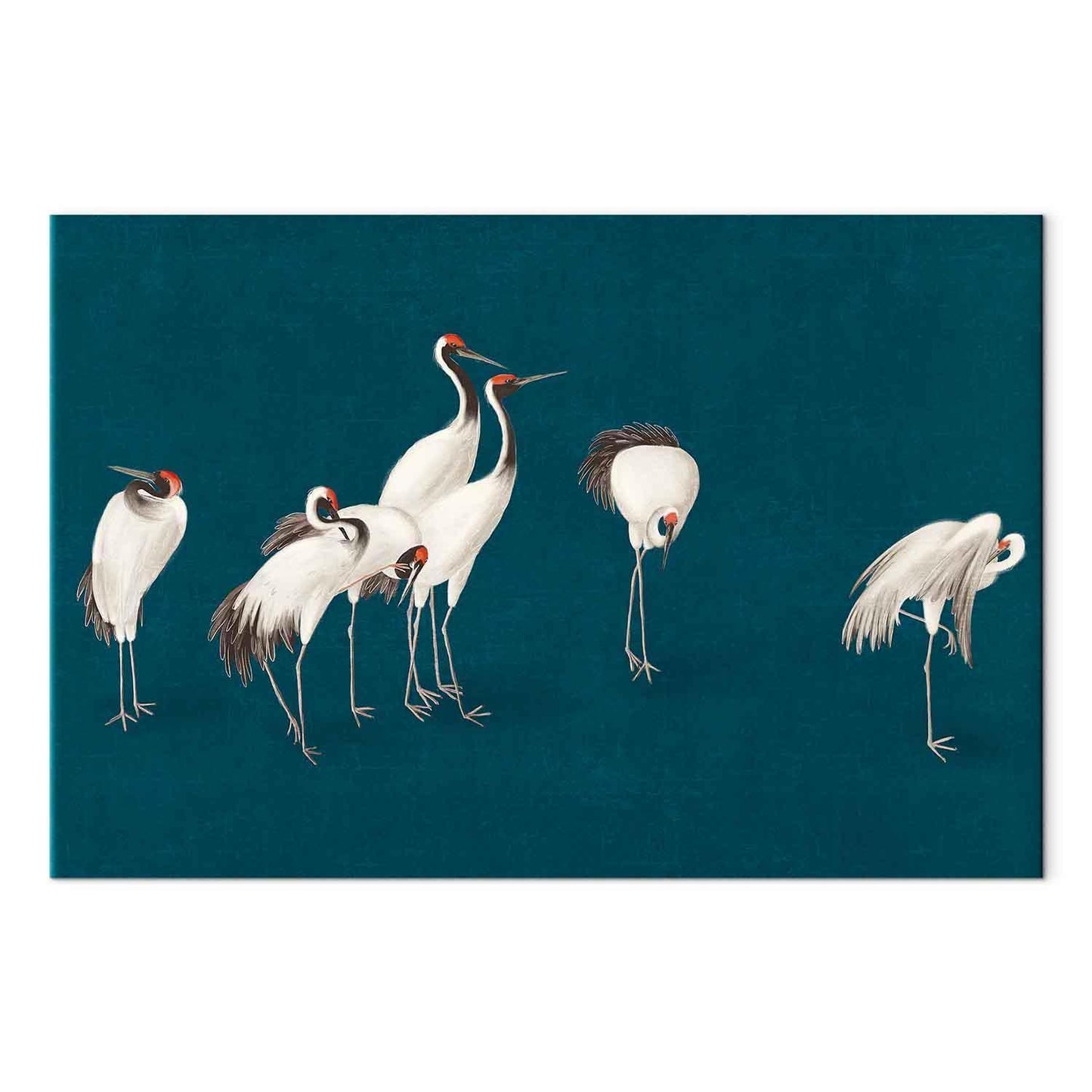 Leinwandbild - Evening by the pond - a group of cranes drawn in dry pastel on a dark turquoise background