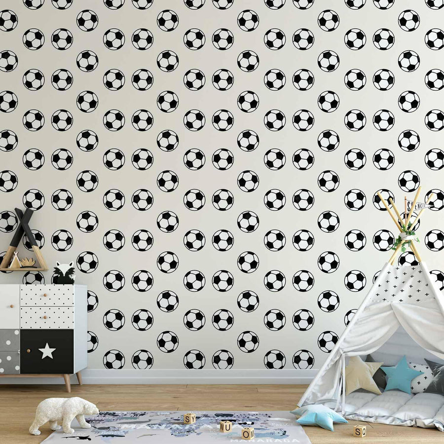 Tapete - Soccer - Symmetrical black-and-white soccer balls on a beige background Artgeist
