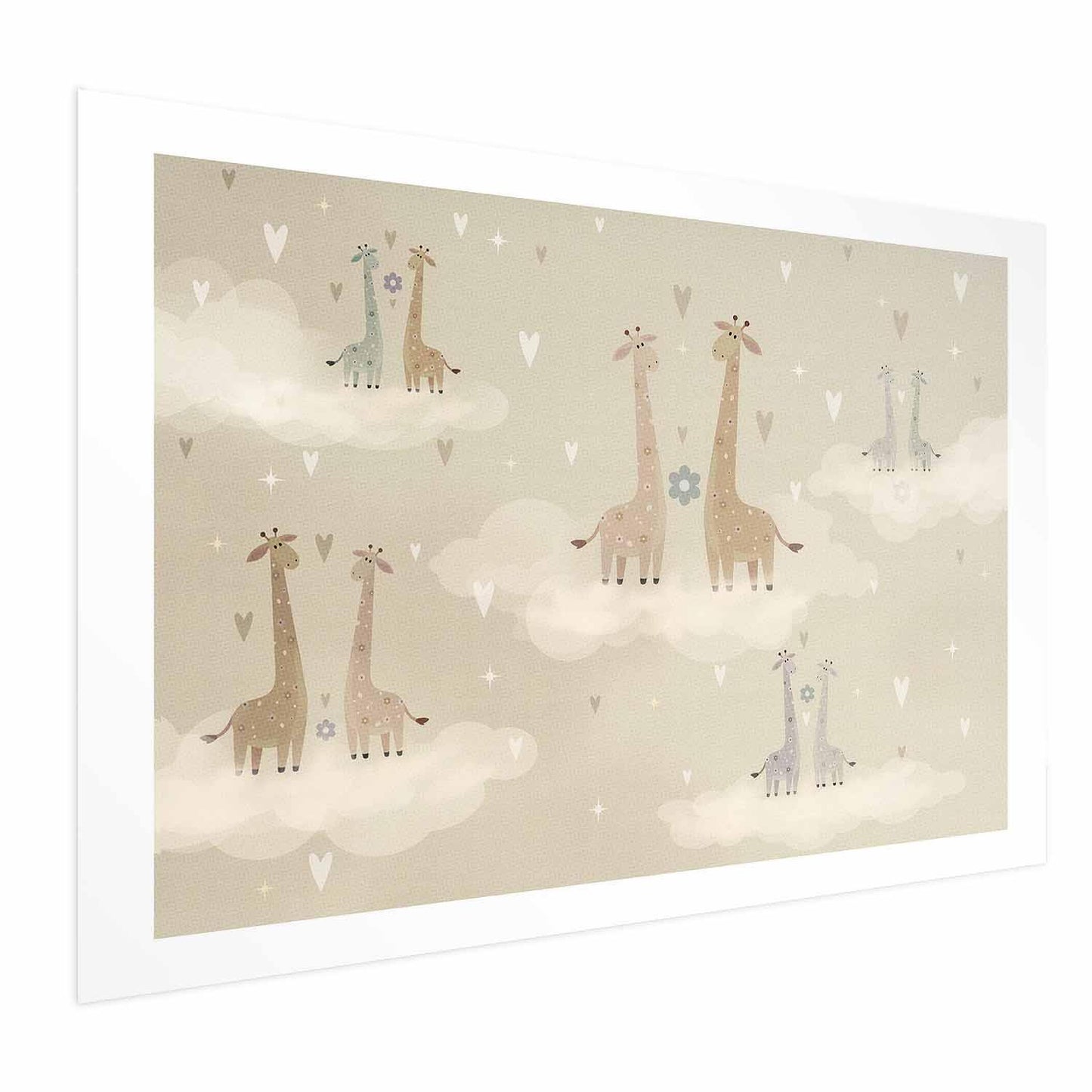 Poster featuring loving giraffes in a whimsical cloud scene, suitable for various interior styles.