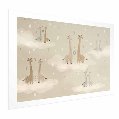 Poster featuring loving giraffes in a whimsical cloud scene, suitable for various interior styles.