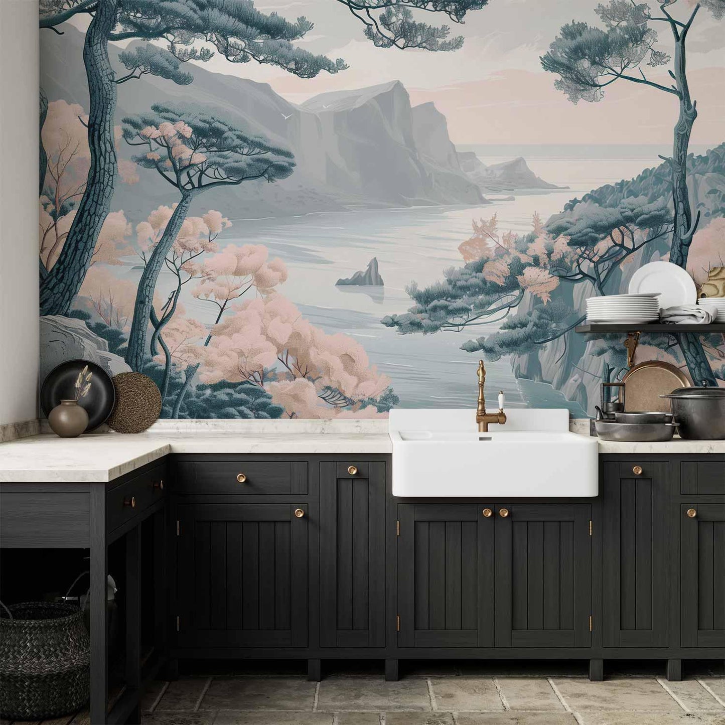 Fototapete - Mountainous Coast with Trees and Rocks in Light Pastel Blues