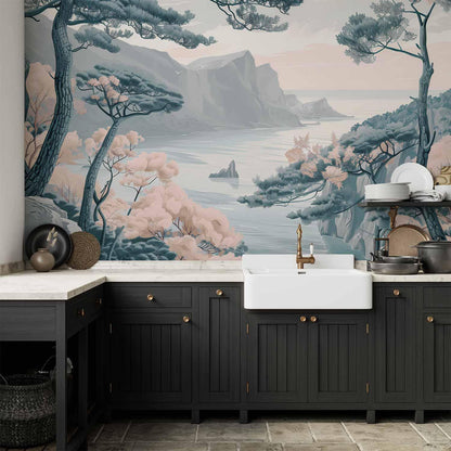 Fototapete - Mountainous Coast with Trees and Rocks in Light Pastel Blues