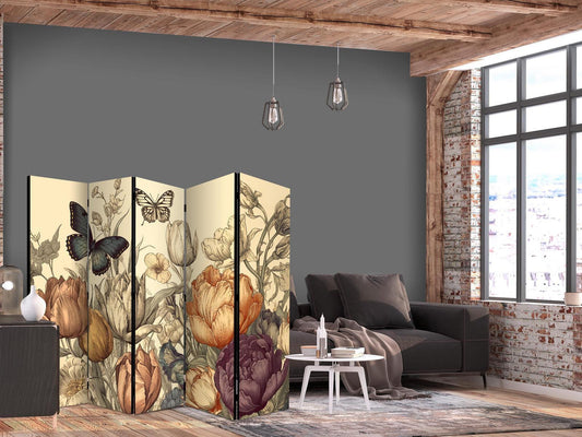 Paravent - Tulips in Cream - Illustration of Flowers and Butterflies on a Light Background Artgeist