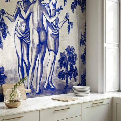 Fototapete - Ancient vineyard - three women in a portal painted with blue ink