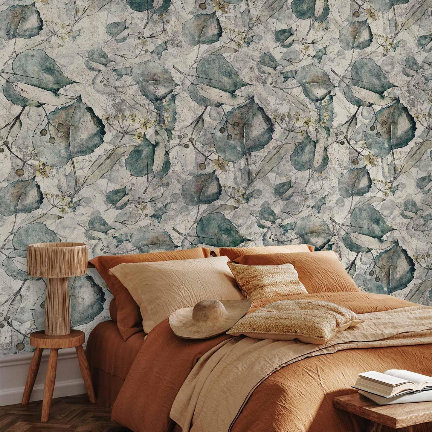 Fototapete - Autumn souvenirs - cool grey floral pattern with leaves