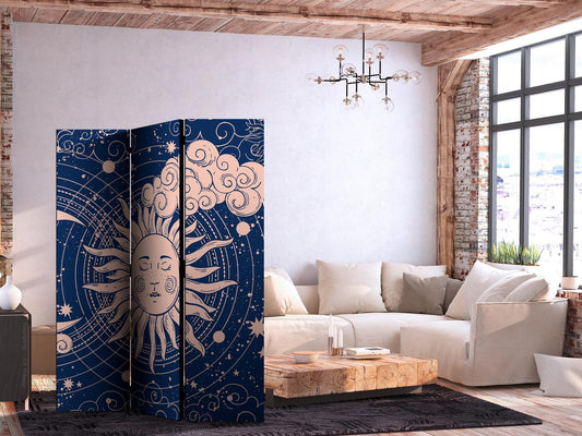 Paravent - Cosmic Harmony - Illustration of the Sun and Moon on a Navy Background Artgeist