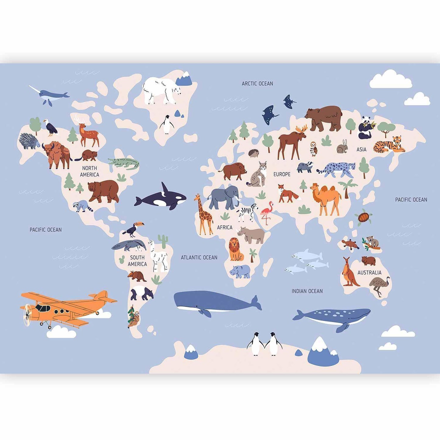 Fototapete - World Map With Animal Illustrations