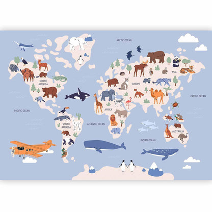 Fototapete - World Map With Animal Illustrations