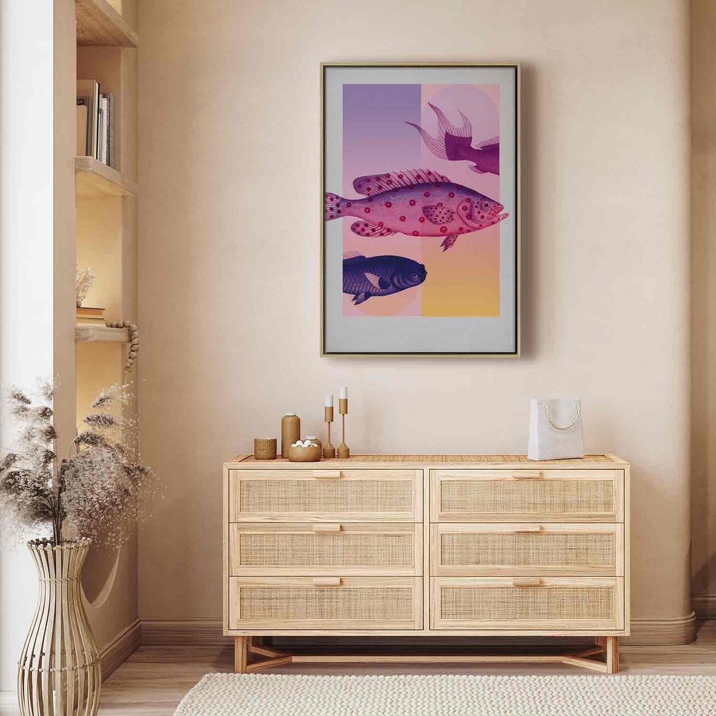 Leinwandbild - Fish in Pastels - Stylized Fish Against Gradient Shapes Artgeist