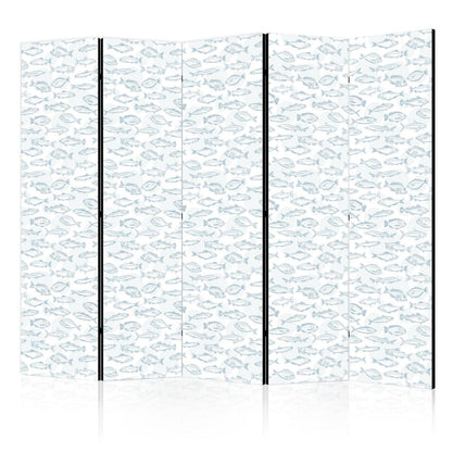 Paravent - Blue Fish - Blue Outlines of Various Fish Species on a White-Blue Background Artgeist