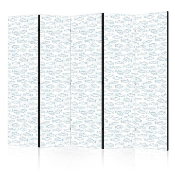 Paravent - Blue Fish - Blue Outlines of Various Fish Species on a White-Blue Background Artgeist