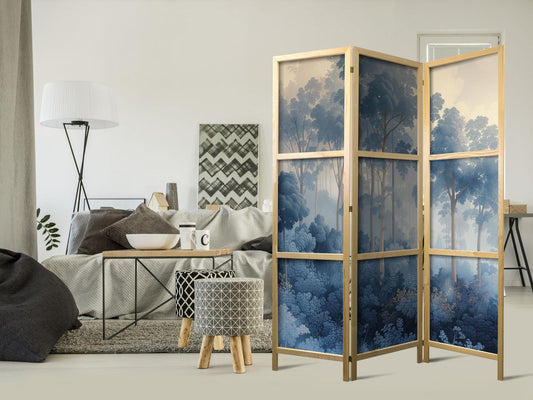 Japanischer Paravent - Landscape with Trees in Illustrative Style - Fairy-Tale Blue Forest