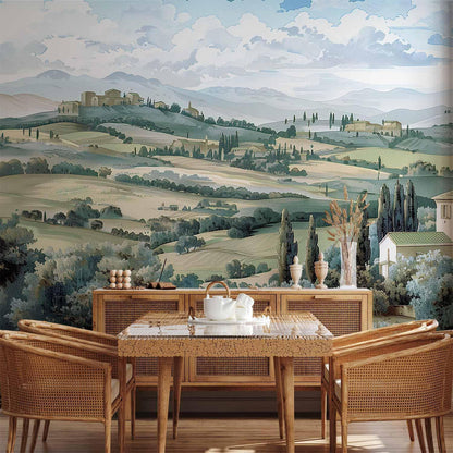 Fototapete - Landscape with Green Fields and Trees Tuscan Sunny View