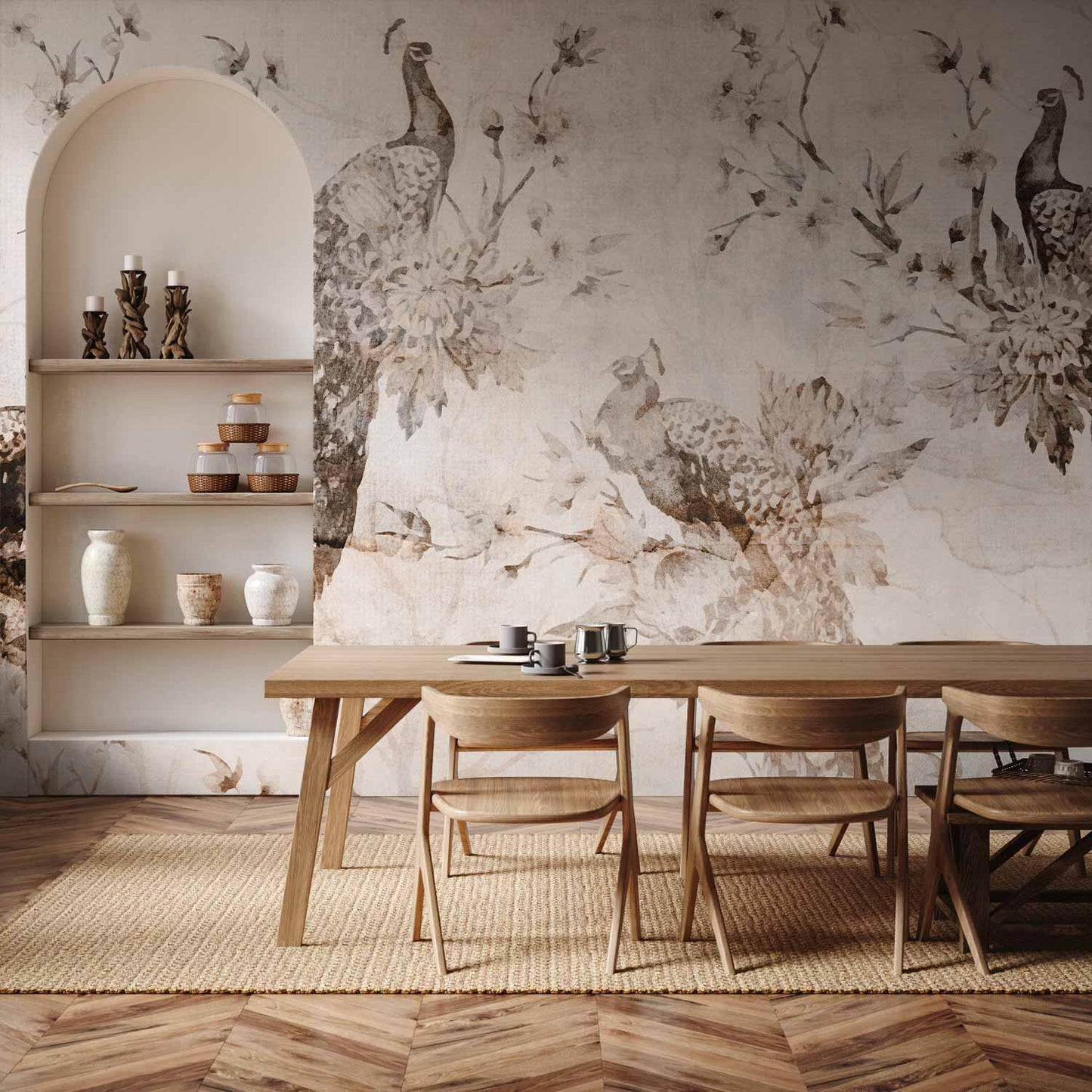 Fototapete - Peacocks in Delicate Beige