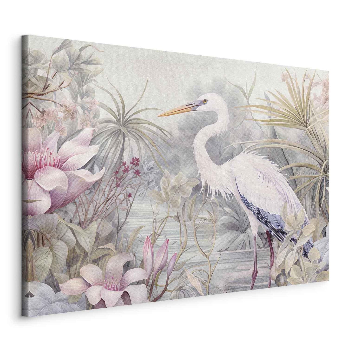 Leinwandbild - Heron wading in a pond - illustration in bright colours