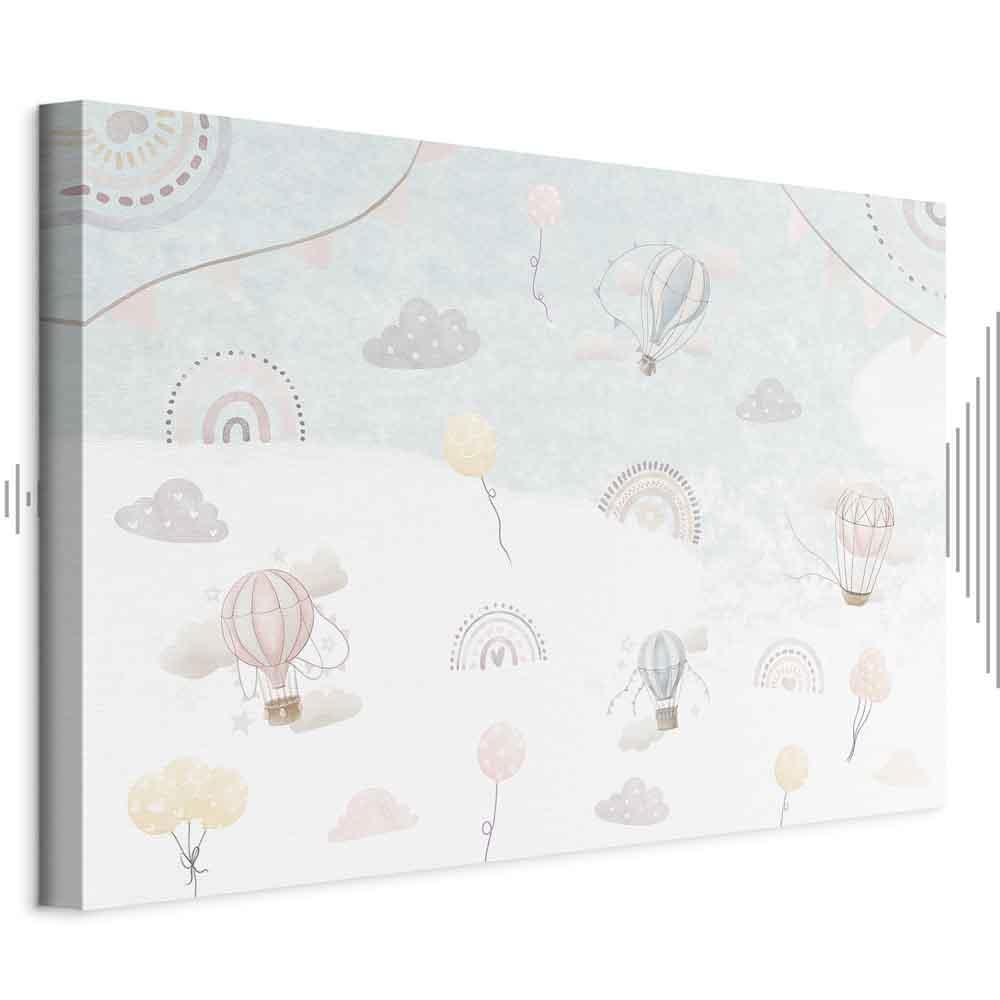 Leinwandbild - Sky with Balloons - Balloons in Subdued Colors Flying in the Sky Among Clouds Rainbows and Stars