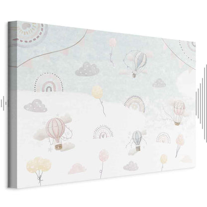 Leinwandbild - Sky with Balloons - Balloons in Subdued Colors Flying in the Sky Among Clouds Rainbows and Stars