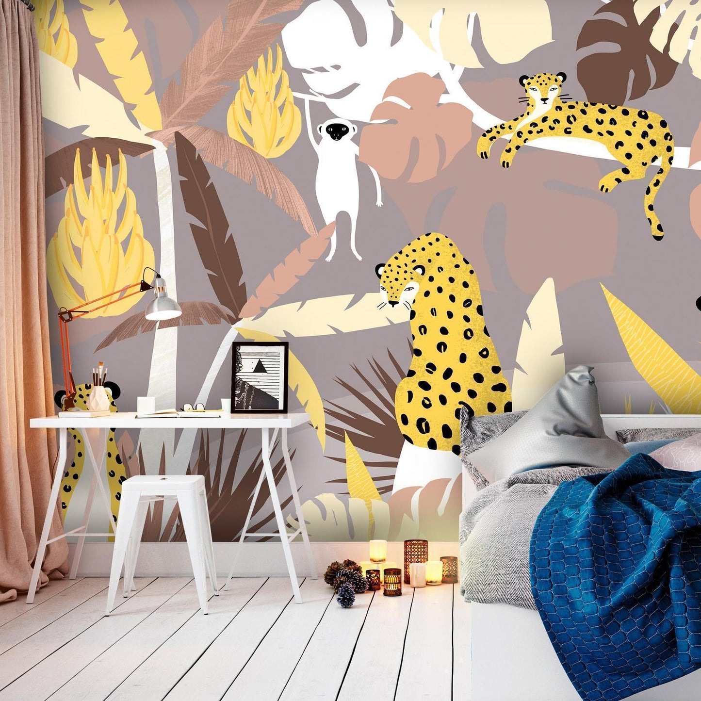 Fototapete - Cheetahs in the jungle - landscape with exotic animals with palm trees for children Artgeist