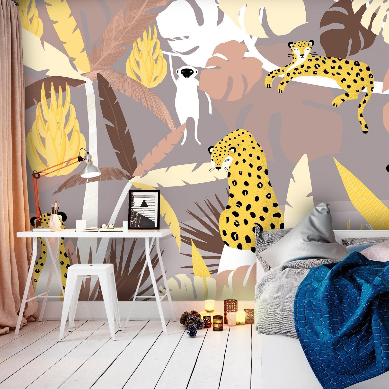 Fototapete - Cheetahs in the jungle - landscape with exotic animals with palm trees for children Artgeist