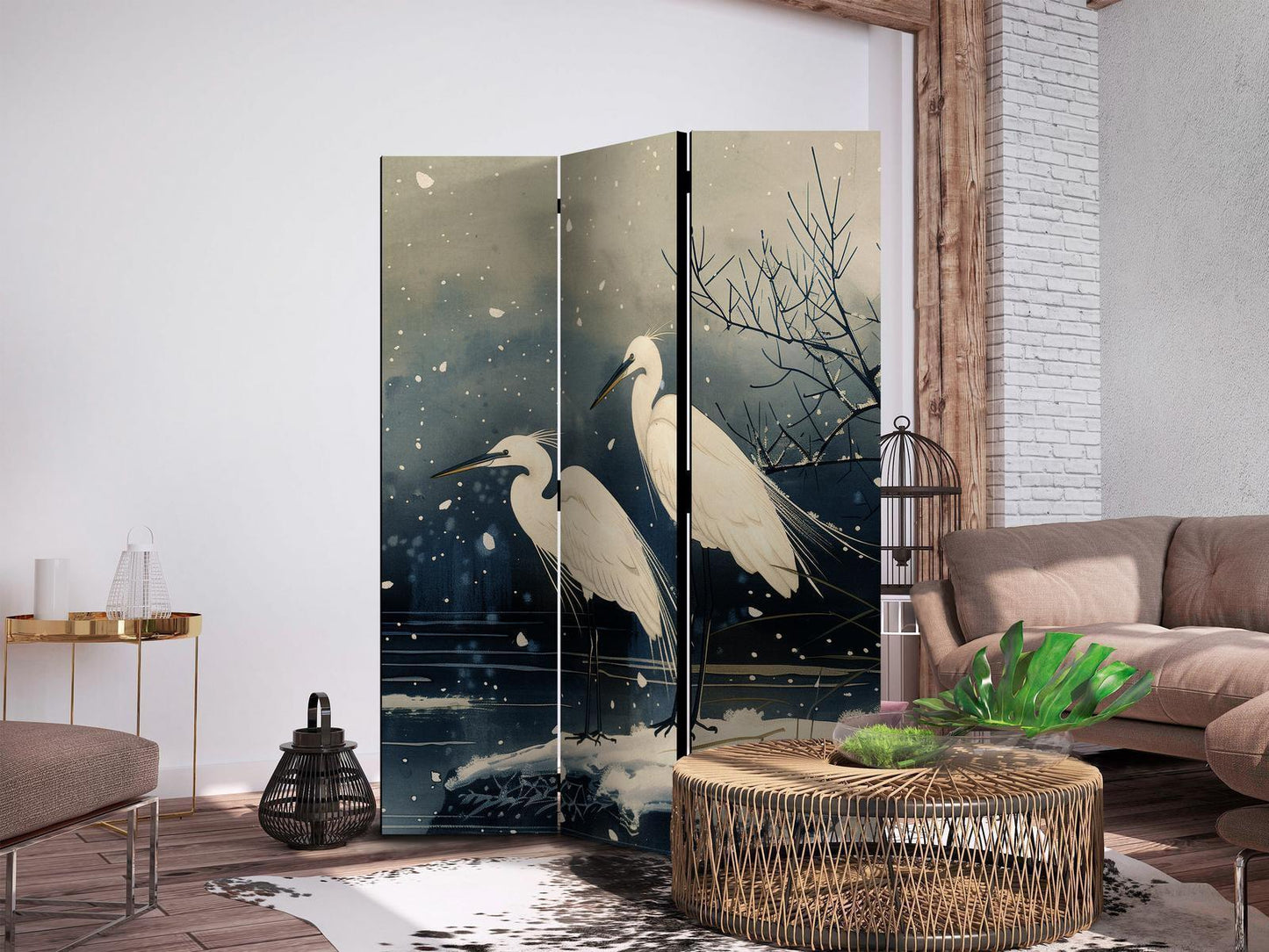 Paravent - Herons over a winter pond - Japanese-style illustration in dark colours