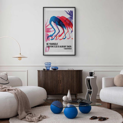 Poster - Colorful Repetition - three flamingo silhouettes with an inspiring quote Artgeist