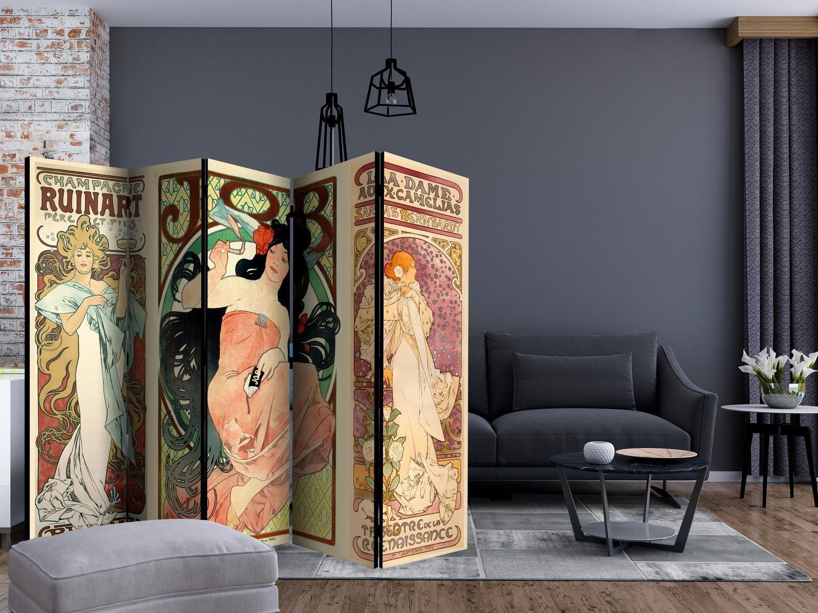 Decorative room divider featuring Alphonse Mucha Women's II artwork, perfect for stylish interior zoning.