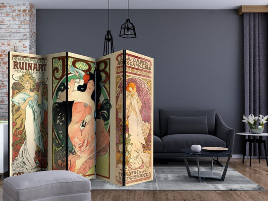 Decorative room divider featuring Alphonse Mucha Women's II artwork, perfect for stylish interior zoning.