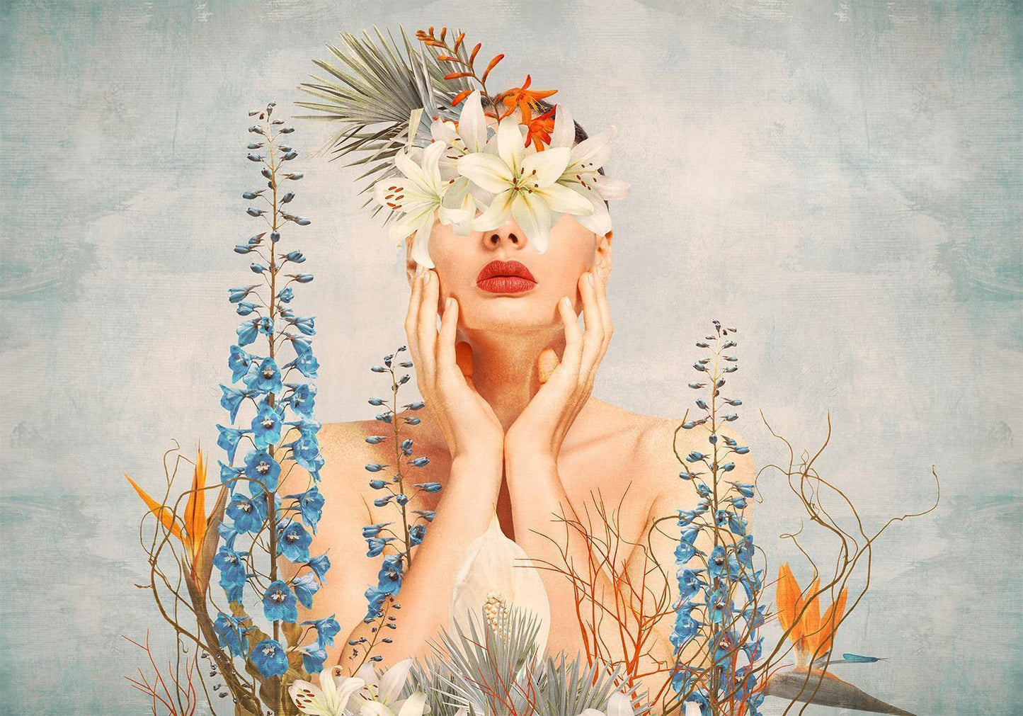 Fototapete - Nature in thought - female figure among flowers on a patterned background Artgeist