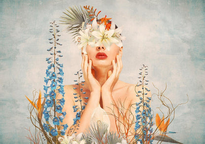 Fototapete - Nature in thought - female figure among flowers on a patterned background Artgeist
