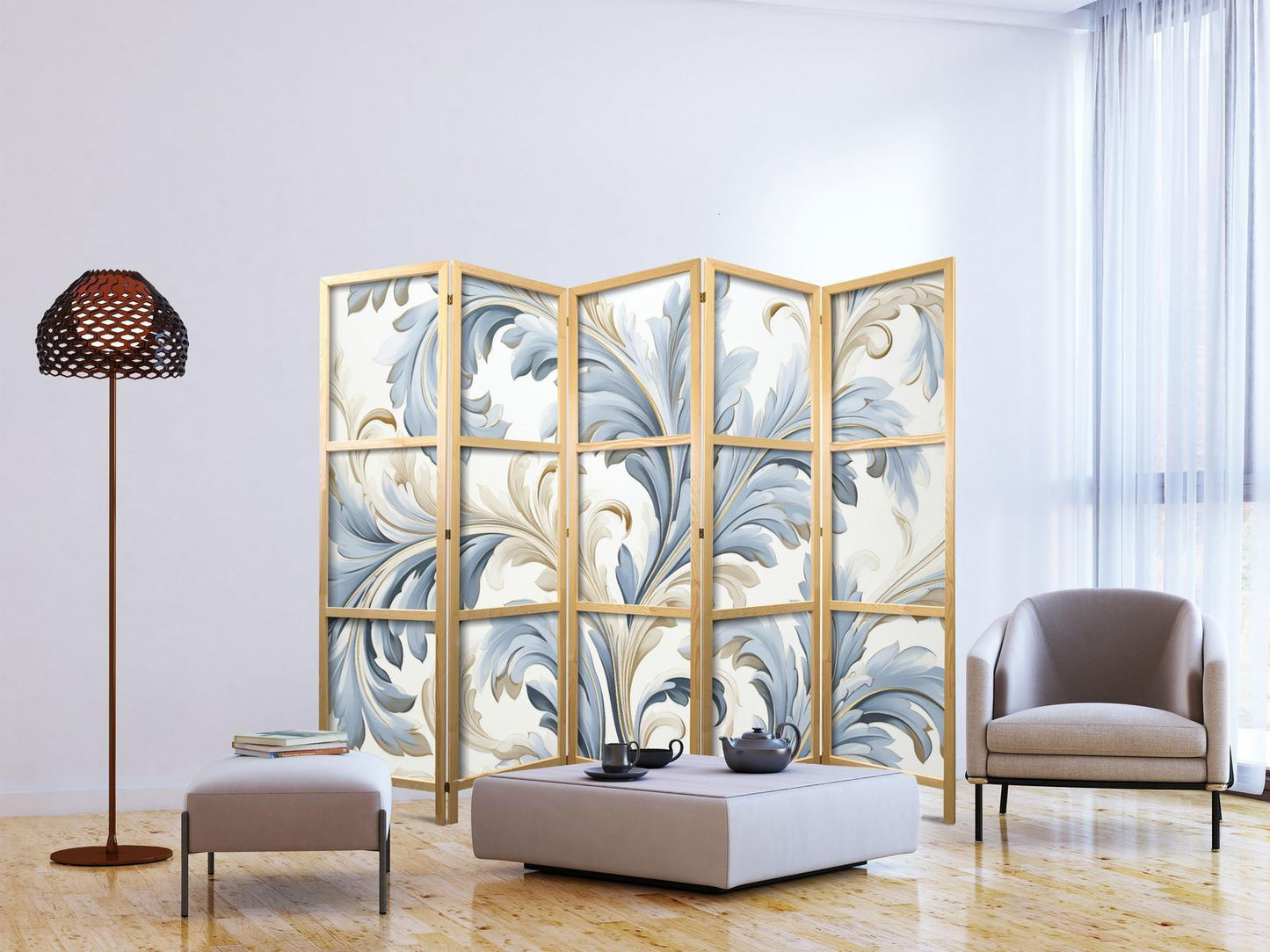 Japanischer Paravent - Baroque Ornaments in Light - Cream-Blue Colors Artgeist